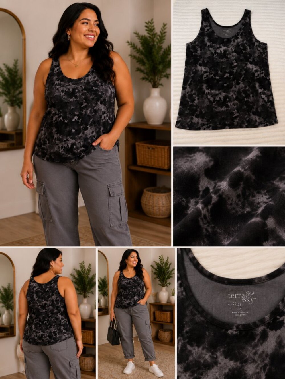 Terra & Sky Tie-Dye Tank Top | Black & Gray Sleeveless Top | Plus Size 2X